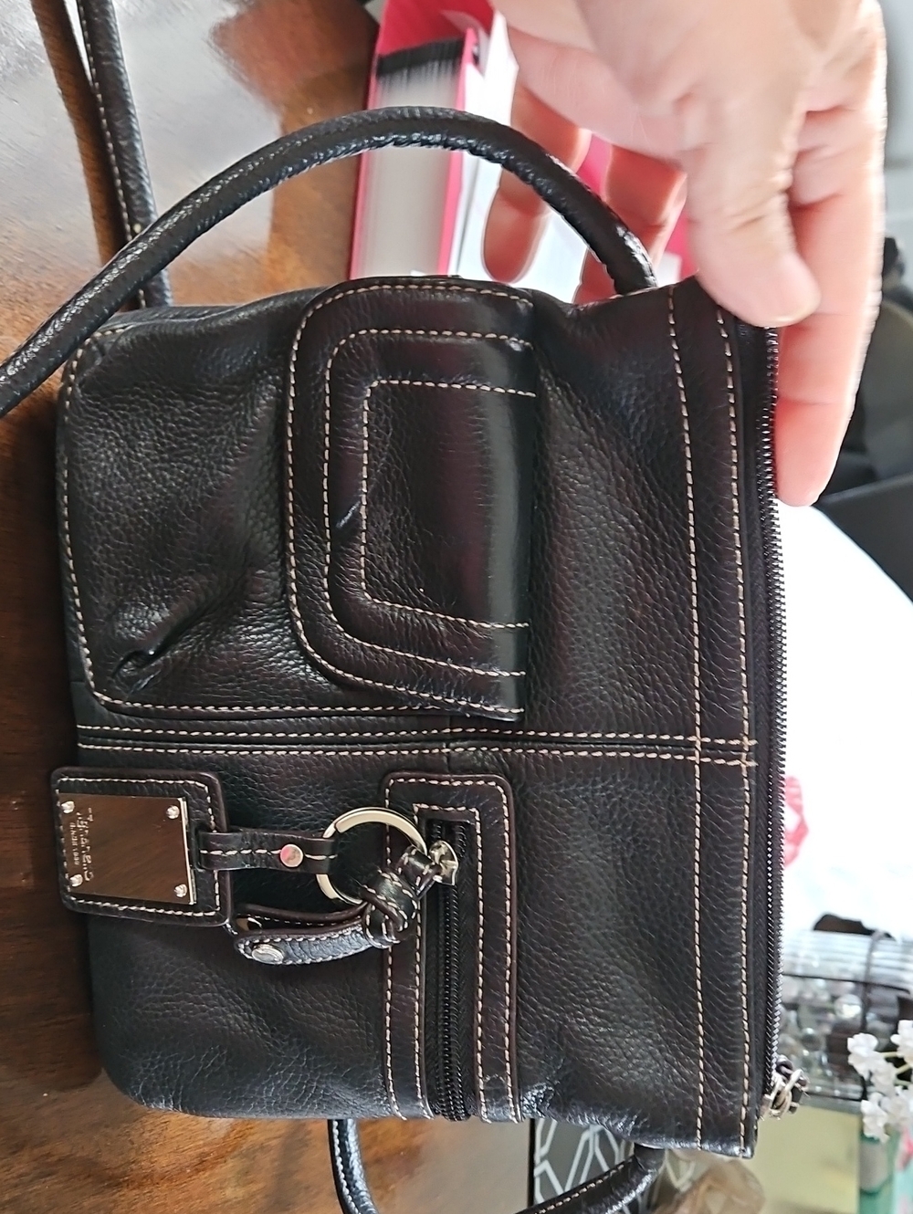 Tignanello Black Leather Crossbody with Contrast Stitching